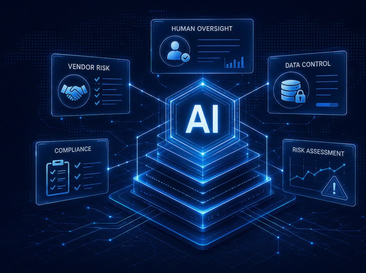 NetSentinel AI readiness visual: a central AI core surrounded by human oversight, vendor risk, data control, compliance, and risk assessment panels