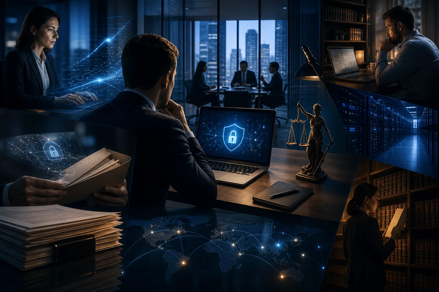 Legal-operations six-pillar model feeding into confidentiality, continuity, and client trust.