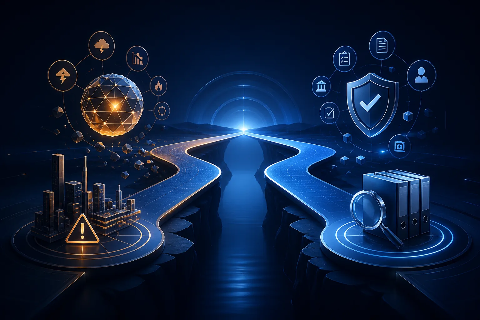 Hidden fragility beneath normal infrastructure operations — warning signals on one path and structured review on the other.